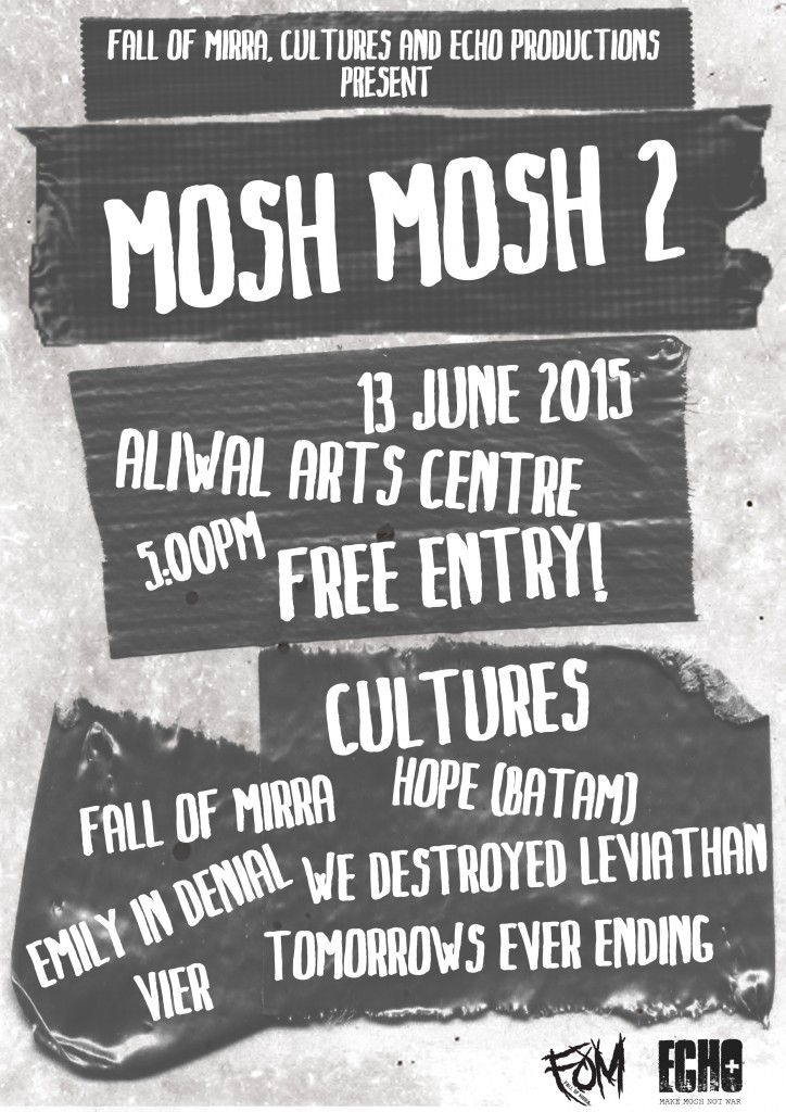 #moshmosh is back! 13 June 2015, Aliwal Arts Centre. Door Open at 1700hrs Entry is FREE of charge. Come down for some great music! and make new friends See you there! #moshmosh 1 was awesome, let's make #moshmosh 2 another night to remember Video of #moshmosh 1 - https://www.youtube.com/watch?v=KyK-hmeHnos Bands playing (not in order) Vier Emily in Denial Fall of Mirra Tomorrow's Ever Ending Hope (Indonesia) We Destroyed Leviathan Cultures